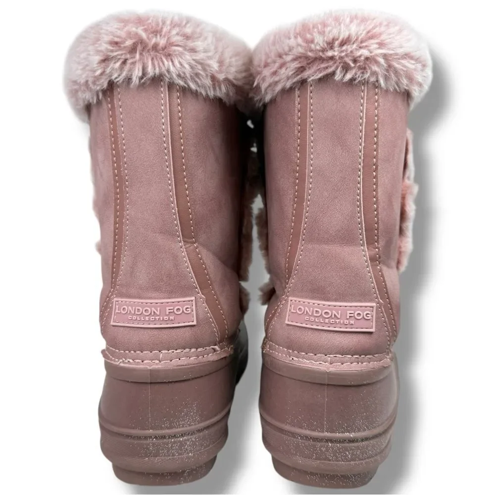 London Fog Faux Fur Winter Boots Pink Suede Size 4 Cabincore Cozy Outdoor
